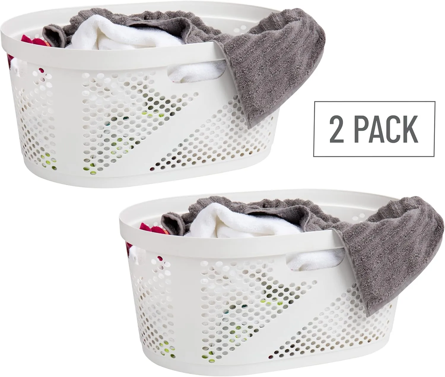 Mind Reader 40L Laundry Basket, Clothes Hamper, Ventilated, Plastic, 23"L x 14.5"W x 10.5"H, Set of 2, White