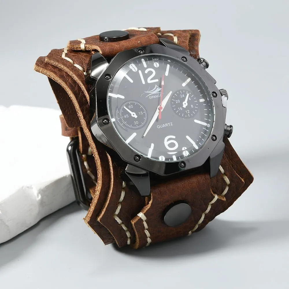 MINILUJIA Handmade Men Watches with Wax Rope Sewn Vintage Punk Hip-Hop Gothic Wide Genuine Soft Leather Cool Cuff Wristwatch Personalized Watch Round Black Dial