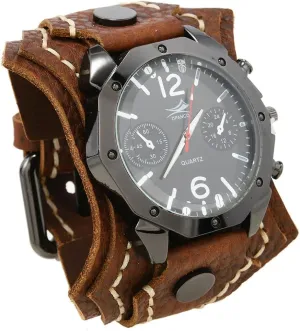 MINILUJIA Handmade Men Watches with Wax Rope Sewn Vintage Punk Hip-Hop Gothic Wide Genuine Soft Leather Cool Cuff Wristwatch Personalized Watch Round Black Dial
