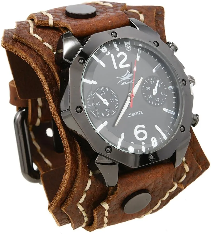 MINILUJIA Handmade Men Watches with Wax Rope Sewn Vintage Punk Hip-Hop Gothic Wide Genuine Soft Leather Cool Cuff Wristwatch Personalized Watch Round Black Dial