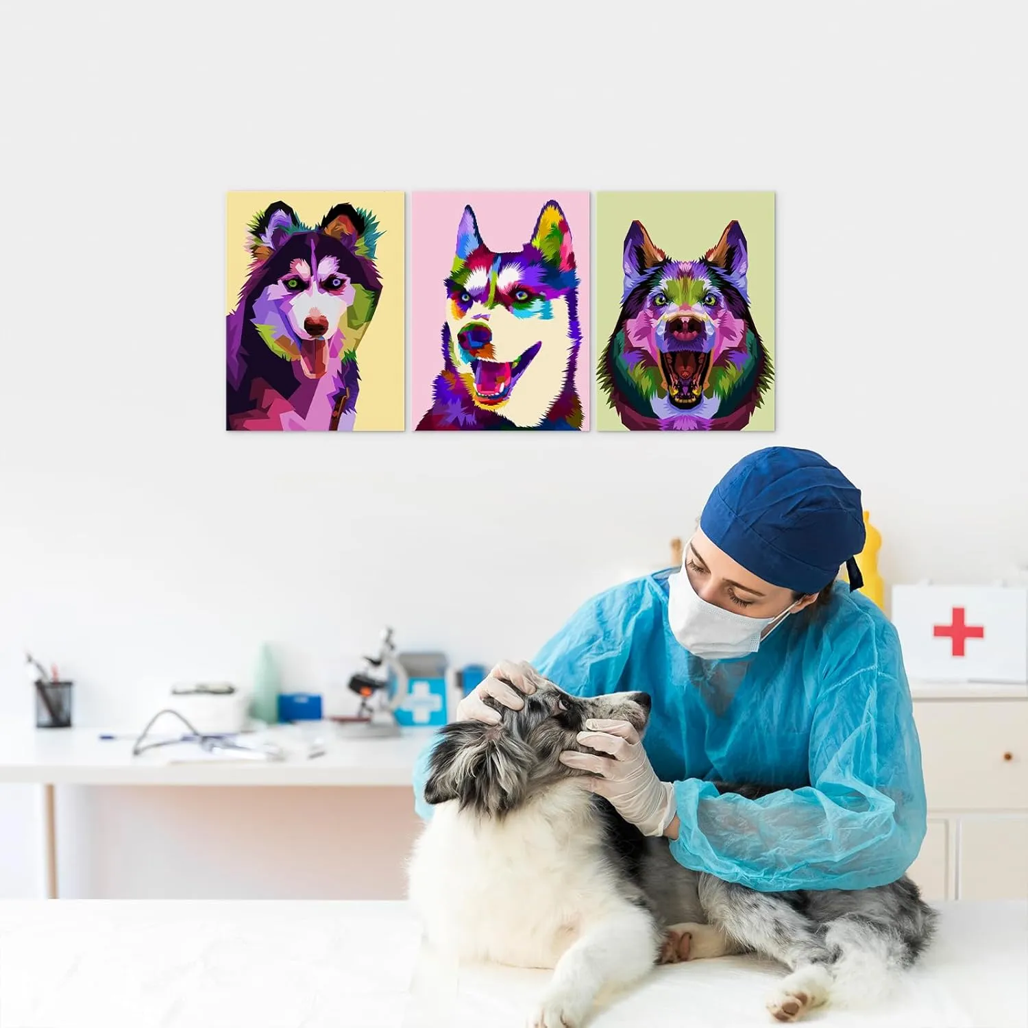 Mistyefly 3 Piece Husky Canvas Wall Art with Built-in Wooden Frame - Dog Wall Art, Animal Poster & Pet Painting for Office & Bedroom - Lightweight, Ready to Hang, 12x16x3 Inches