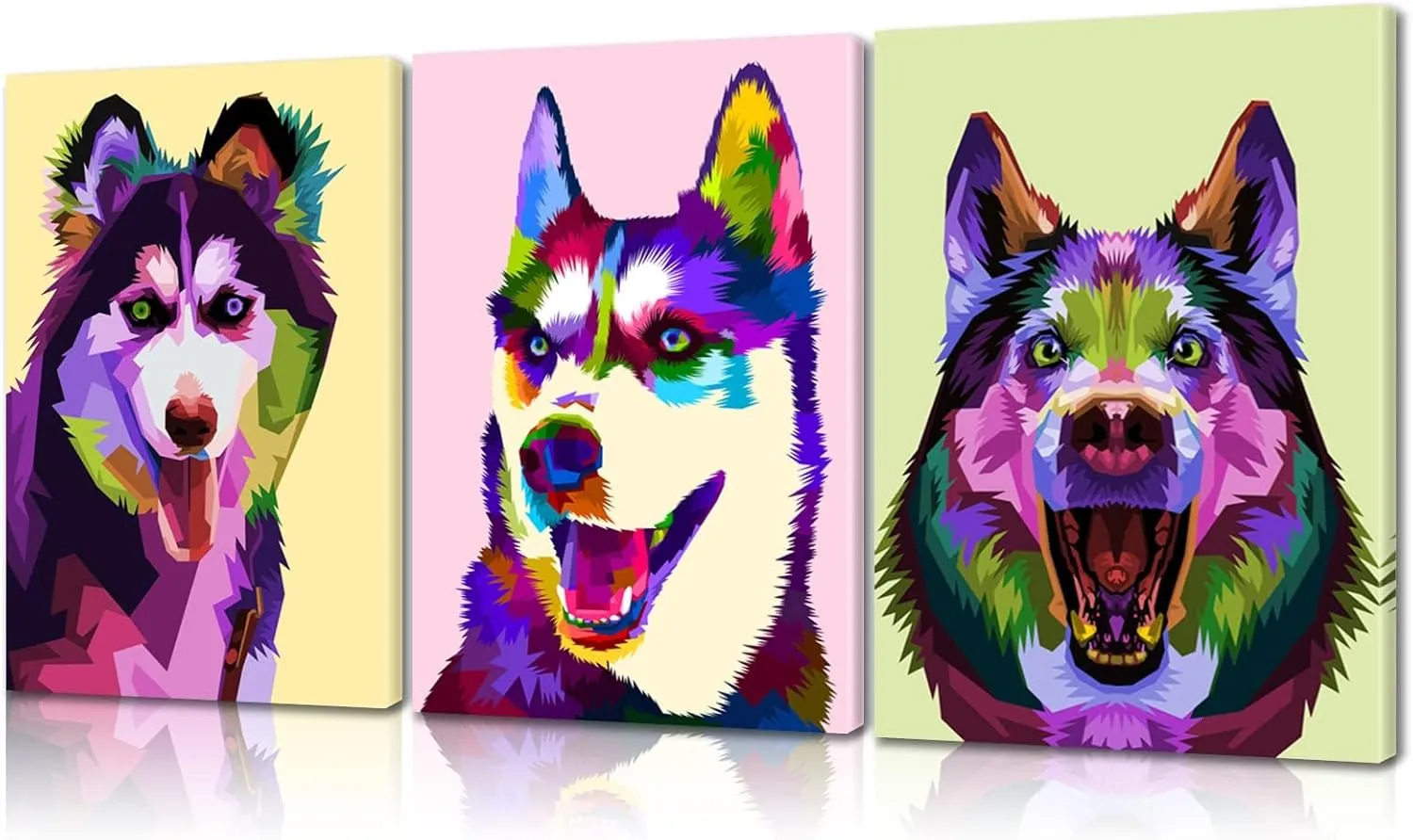 Mistyefly 3 Piece Husky Canvas Wall Art with Built-in Wooden Frame - Dog Wall Art, Animal Poster & Pet Painting for Office & Bedroom - Lightweight, Ready to Hang, 12x16x3 Inches