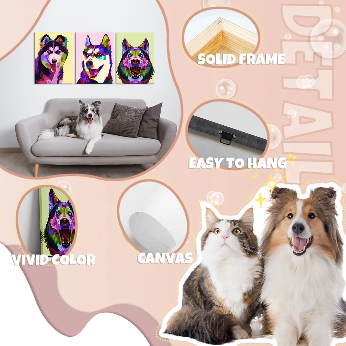 Mistyefly 3 Piece Husky Canvas Wall Art with Built-in Wooden Frame - Dog Wall Art, Animal Poster & Pet Painting for Office & Bedroom - Lightweight, Ready to Hang, 12x16x3 Inches