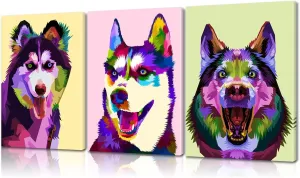 Mistyefly 3 Piece Husky Canvas Wall Art with Built-in Wooden Frame - Dog Wall Art, Animal Poster & Pet Painting for Office & Bedroom - Lightweight, Ready to Hang, 12x16x3 Inches