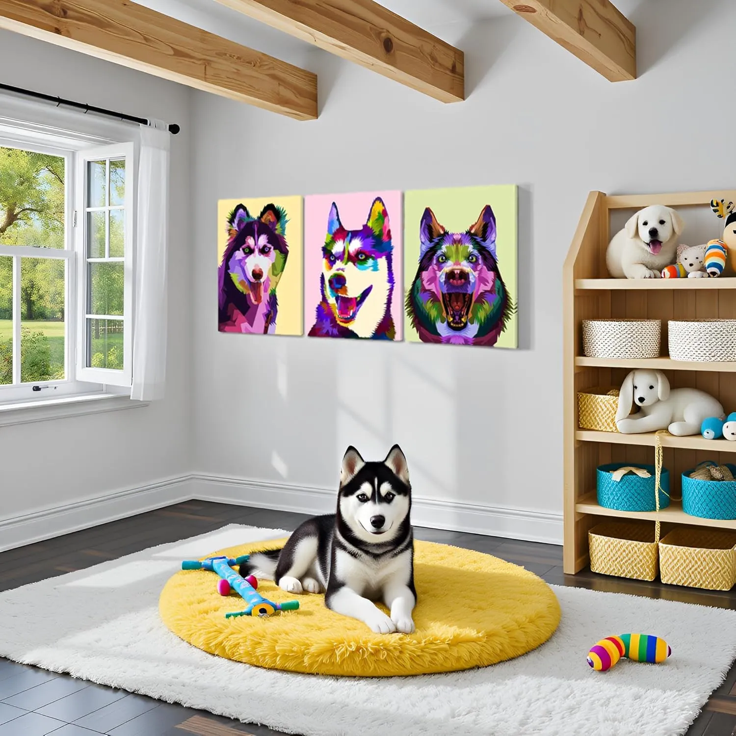 Mistyefly 3 Piece Husky Canvas Wall Art with Built-in Wooden Frame - Dog Wall Art, Animal Poster & Pet Painting for Office & Bedroom - Lightweight, Ready to Hang, 12x16x3 Inches