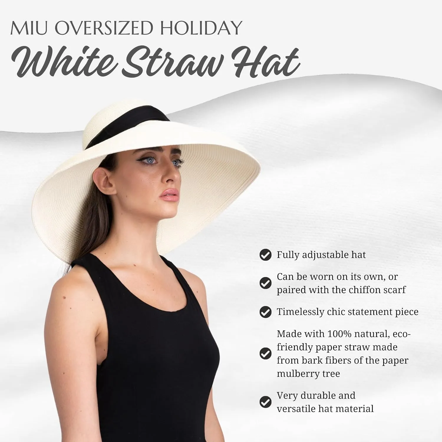 MIU Audrey Hepburn Hat for Women - Wide Brim, Adjustable, 100% White Straw Hat - Perfect for Beach Holiday