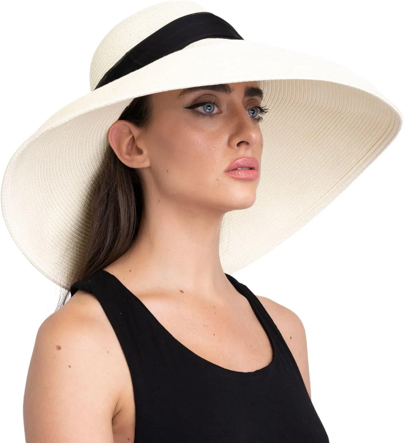 MIU Audrey Hepburn Hat for Women - Wide Brim, Adjustable, 100% White Straw Hat - Perfect for Beach Holiday