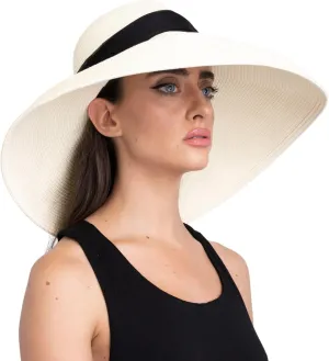 MIU Audrey Hepburn Hat for Women - Wide Brim, Adjustable, 100% White Straw Hat - Perfect for Beach Holiday