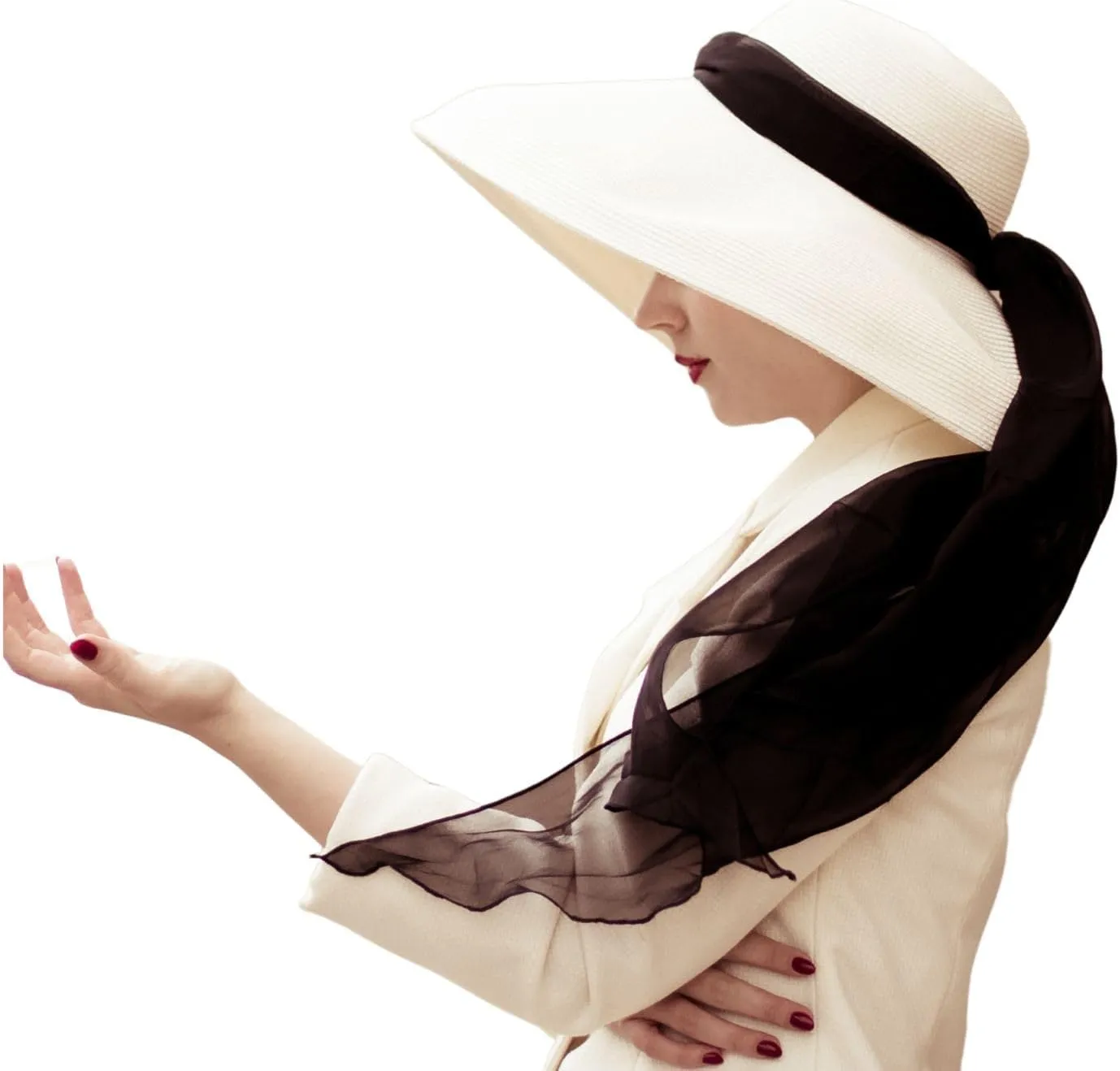 MIU Audrey Hepburn Hat for Women - Wide Brim, Adjustable, 100% White Straw Hat - Perfect for Beach Holiday