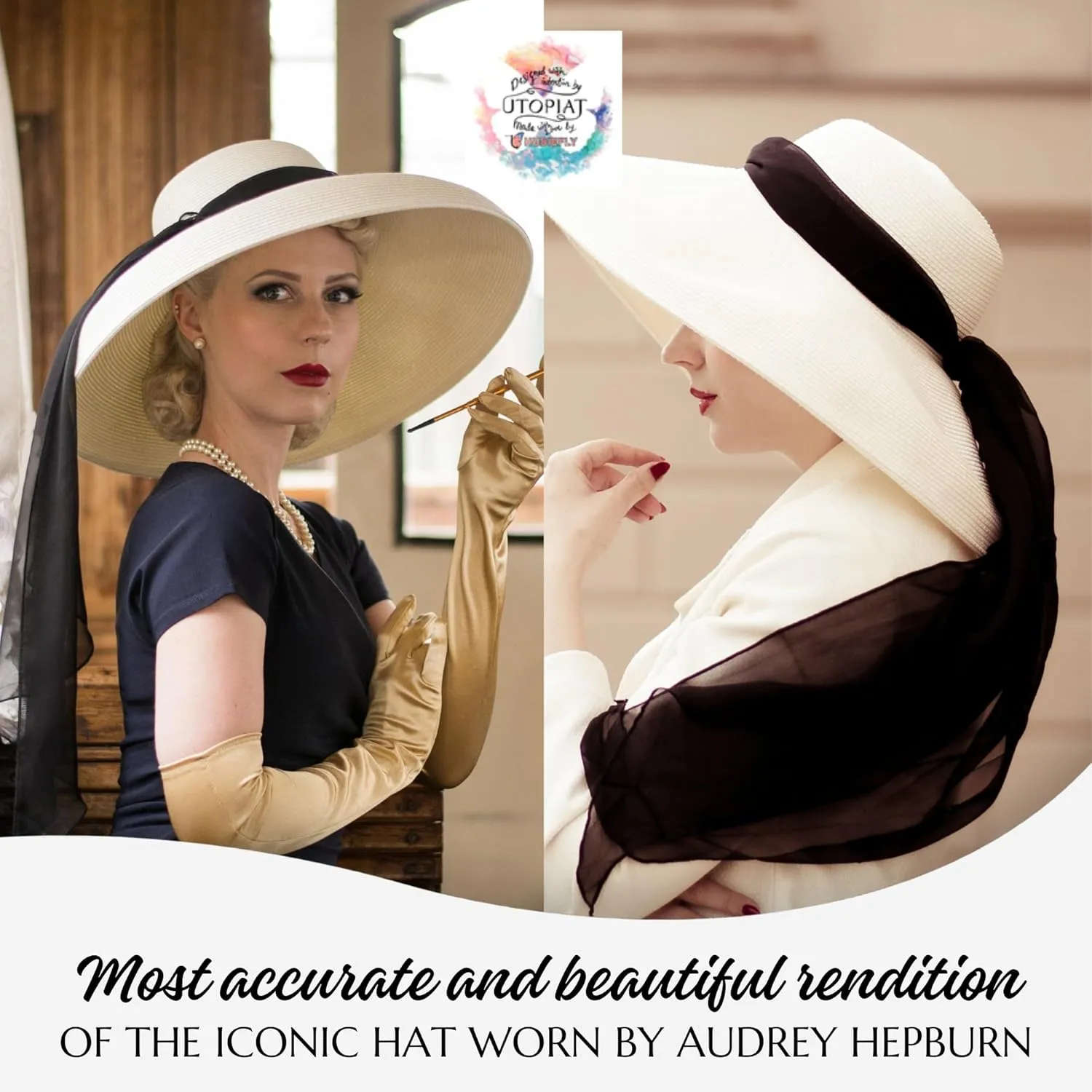 MIU Audrey Hepburn Hat for Women - Wide Brim, Adjustable, 100% White Straw Hat - Perfect for Beach Holiday