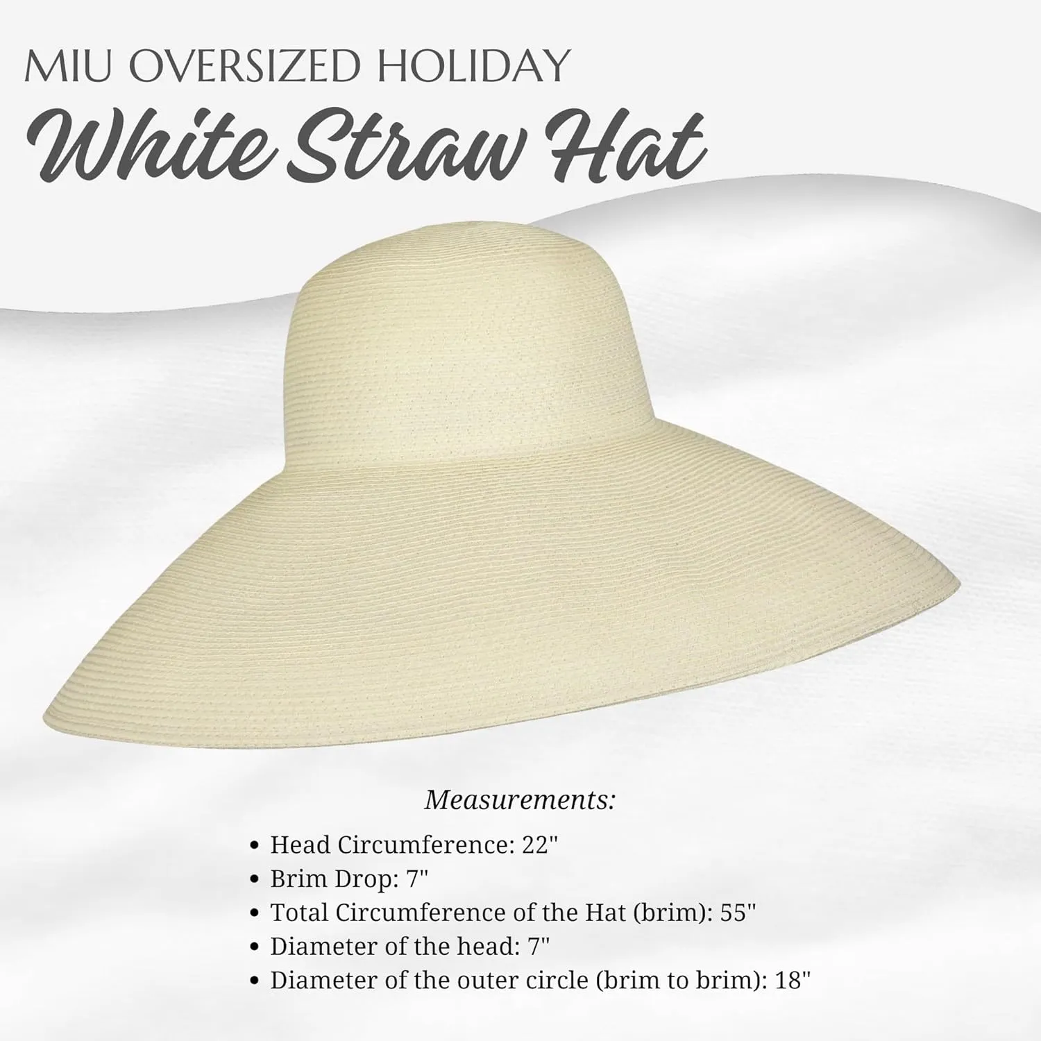 MIU Audrey Hepburn Hat for Women - Wide Brim, Adjustable, 100% White Straw Hat - Perfect for Beach Holiday