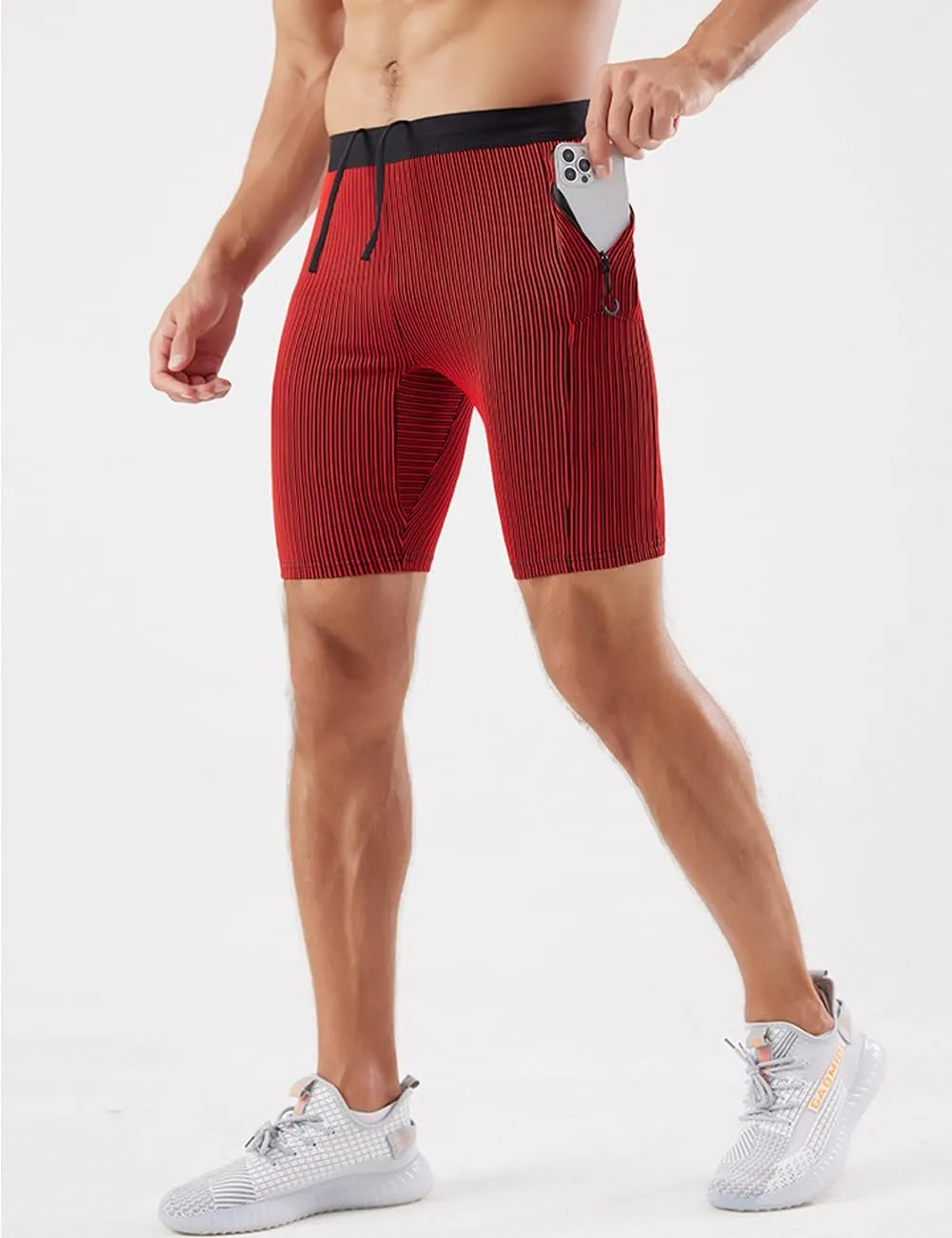 MIZOK Men's Stripe Performance Compression Workout Shorts Tight Gym Athletic Shorts with Pockets
