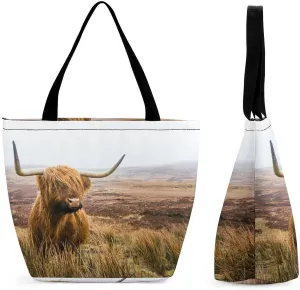 MoBlinko Brown Scottish Highlands Tote Bag for Women Reusable Handbags Shoulder Bags with Zipper for Yoga Grocery Gifts