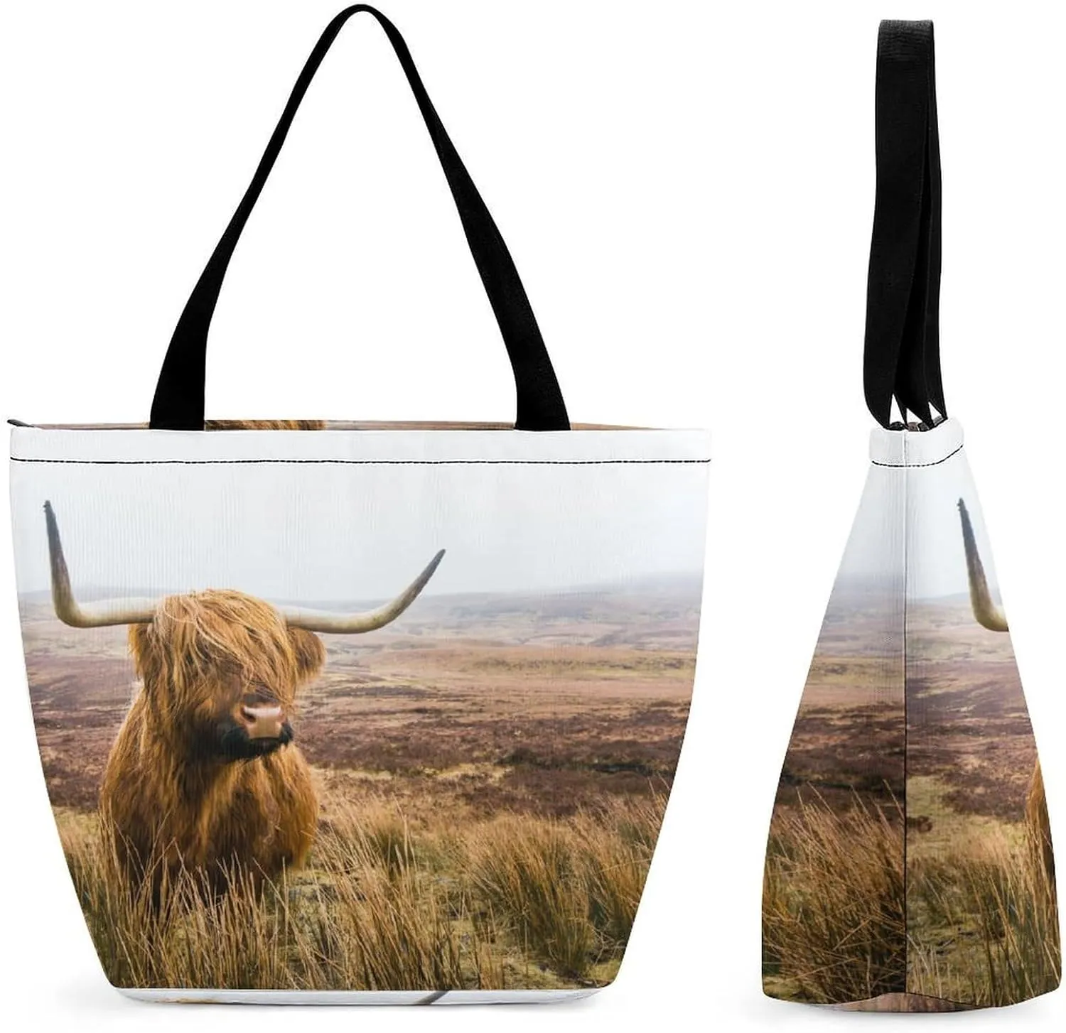 MoBlinko Brown Scottish Highlands Tote Bag for Women Reusable Handbags Shoulder Bags with Zipper for Yoga Grocery Gifts