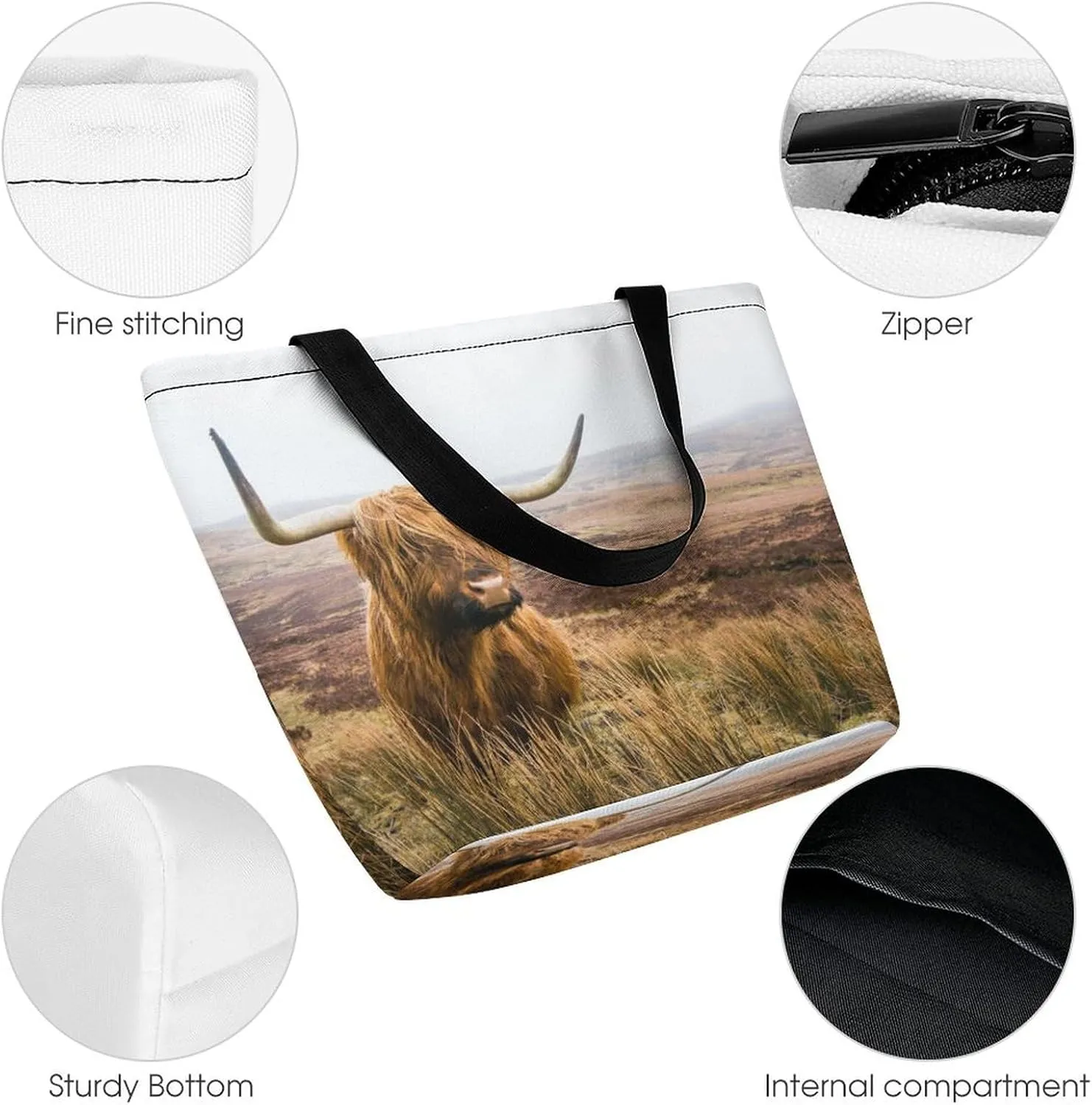 MoBlinko Brown Scottish Highlands Tote Bag for Women Reusable Handbags Shoulder Bags with Zipper for Yoga Grocery Gifts