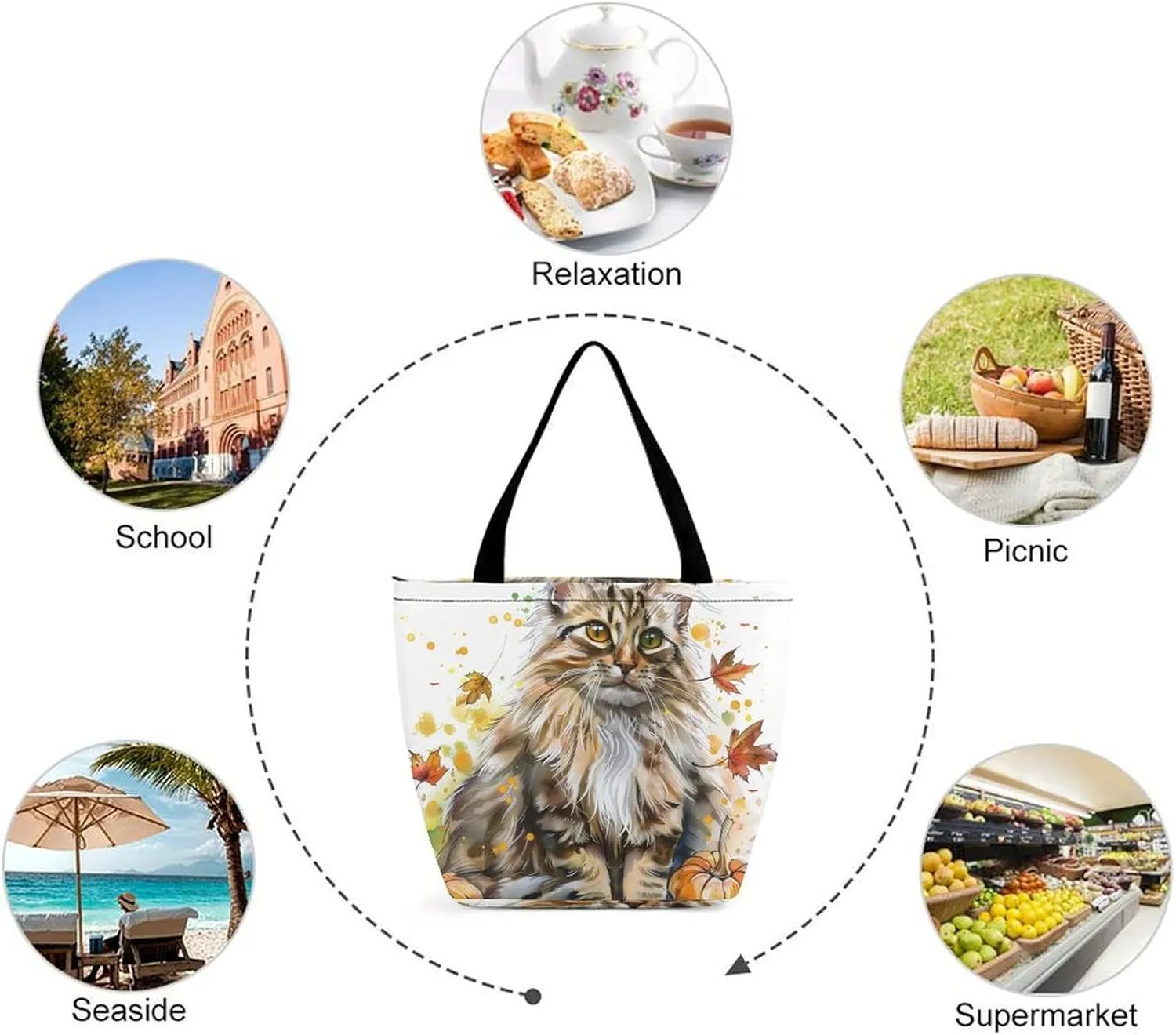 MoBlinko Cat Fall Women Tote Bags Yoga Reusable Grocery Bagsshoulder Bag Handbag with Zipper