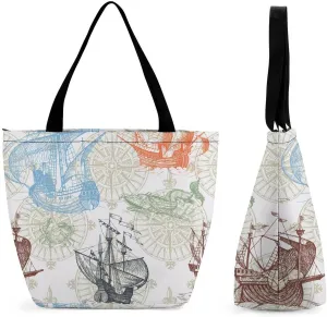 MoBlinko Colorful Vintage Sailboat Womens Tote Bags Reusable Yoga Shoulder Bag Handbag with Zipper for Grocery Shopping Gifts