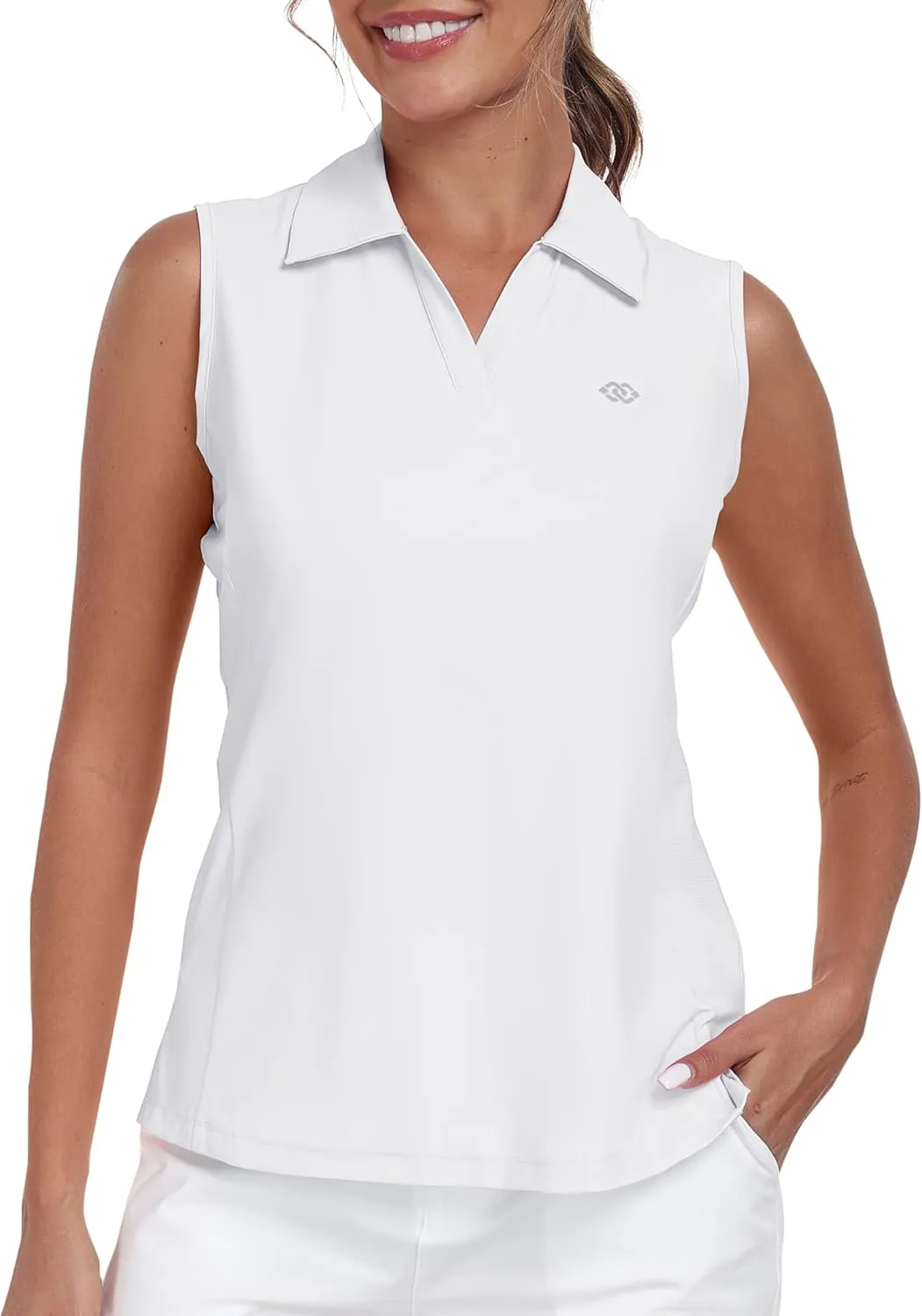 MoFiz Women Racerback Sleeveless Golf Polo Shirts V-Neck Collarless Tennis Running Tank Tops Quick Dry Athletic Casual