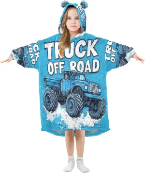 Monster Truck Blue Wearable Blanket Hoodie Oversized Blanket Sweatshirt with Pockets Gifts for Kids Girls