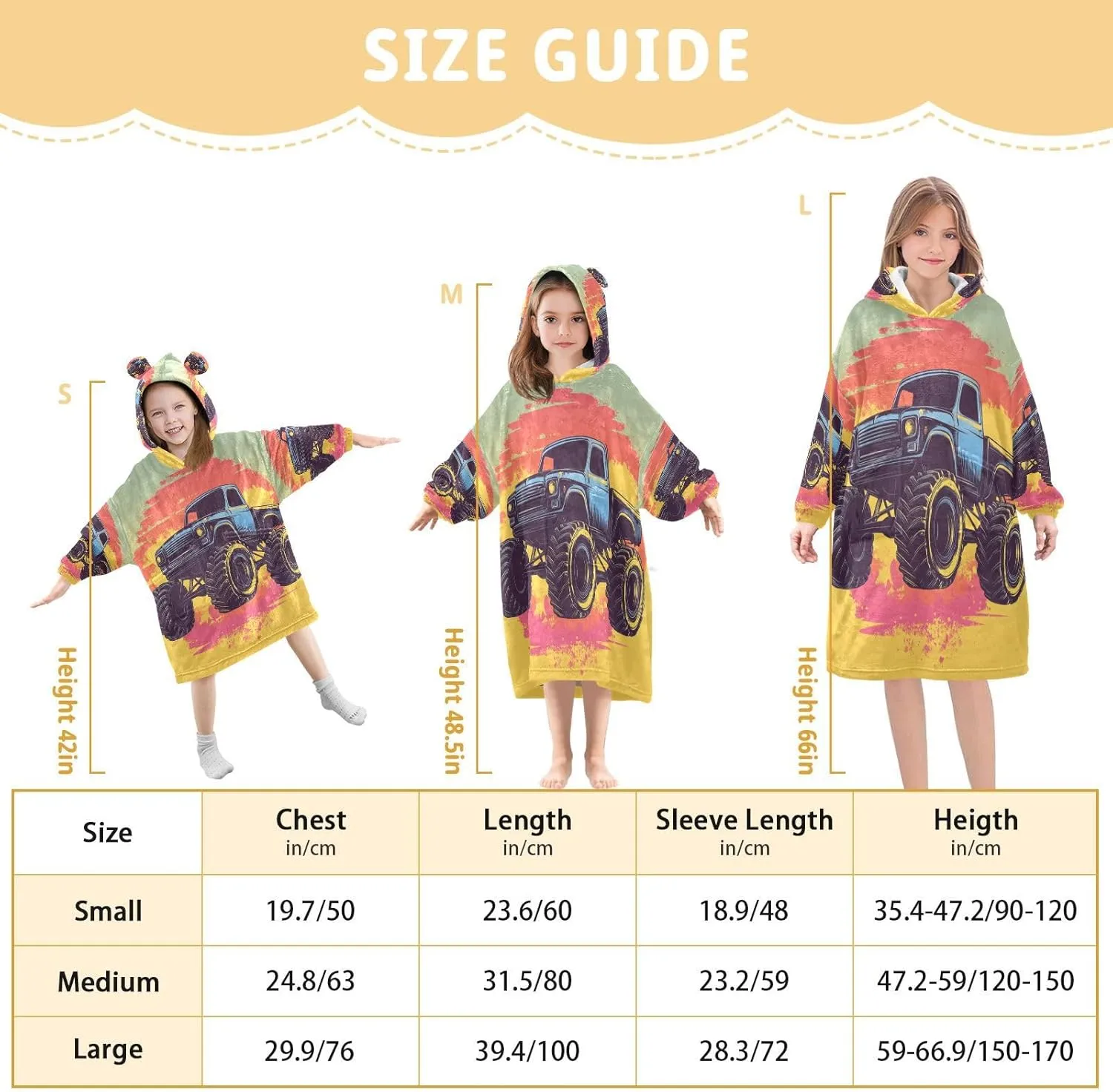 Monster Truck Yellow Wearable Blanket Hoodie Oversized Sweatshirt Blanket With Pocket Gifts for Kids Girls Teens