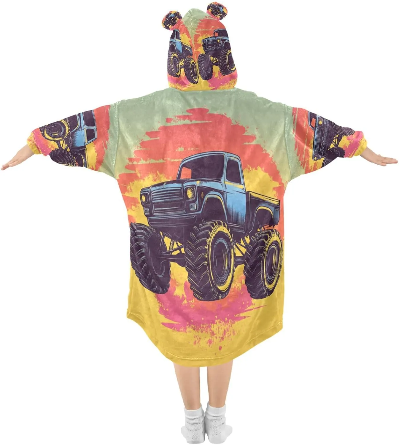 Monster Truck Yellow Wearable Blanket Hoodie Oversized Sweatshirt Blanket With Pocket Gifts for Kids Girls Teens