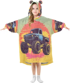 Monster Truck Yellow Wearable Blanket Hoodie Oversized Sweatshirt Blanket With Pocket Gifts for Kids Girls Teens
