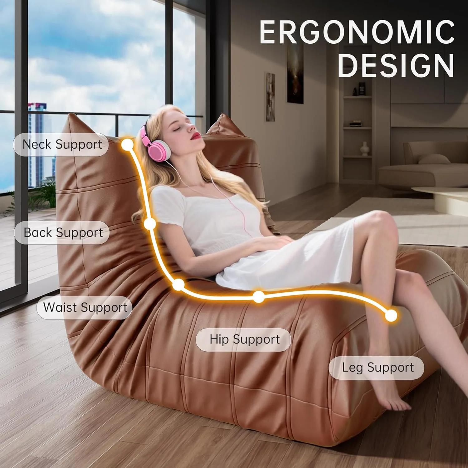 Morden Fort Big Bean Bag Chair for Adults, Faux Leather Bean Bag Sofa, Memory Foam Lounge Chairs with Ergonomic Design, Lazy Togo Chair for Living Room, Bedroom, Dorm, Office(Brown)