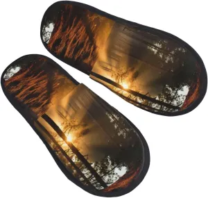 Morning Sunlight In Wilderness Furry Slippers - Full Design, Soft Plush & Eva, Warm & Comfy, Travel-Friendly, Indoor Use, L Sizes