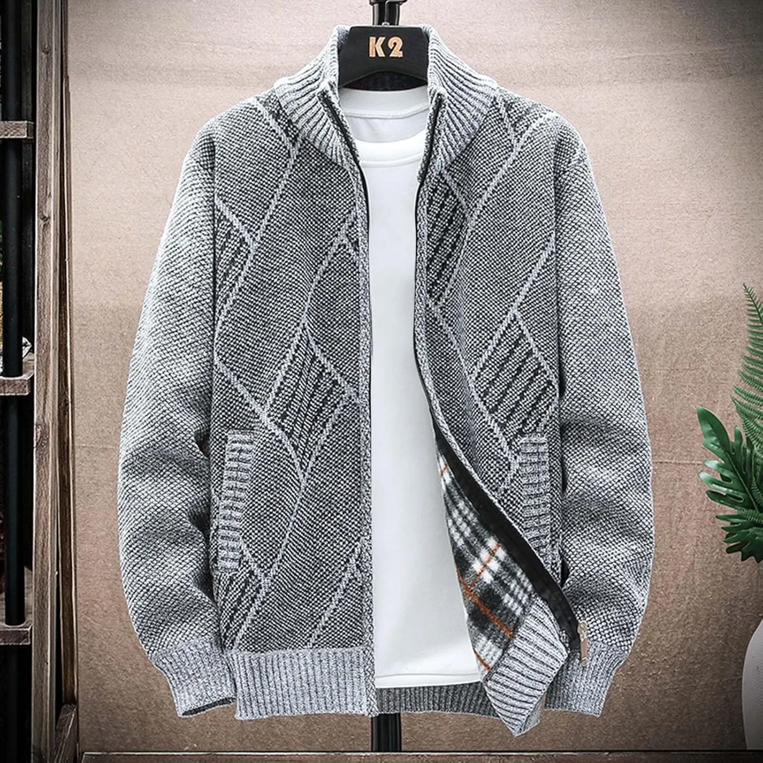 Muscularfit Mens Sweaters Zip Up Big and Tall Long Sleeve Shawl Collar Cable Knit Cardigan Sweater Fashion Coat With Pockets