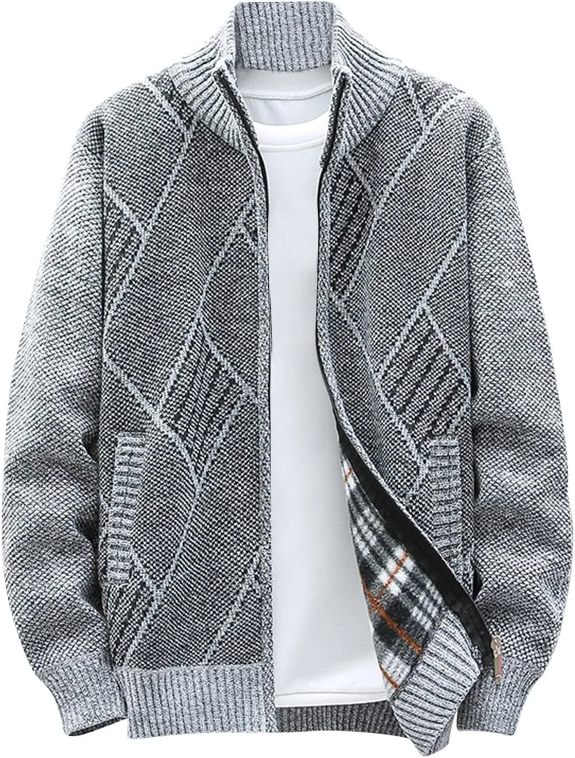 Muscularfit Mens Sweaters Zip Up Big and Tall Long Sleeve Shawl Collar Cable Knit Cardigan Sweater Fashion Coat With Pockets
