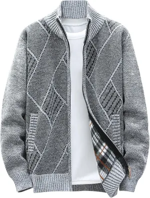 Muscularfit Mens Sweaters Zip Up Big and Tall Long Sleeve Shawl Collar Cable Knit Cardigan Sweater Fashion Coat With Pockets