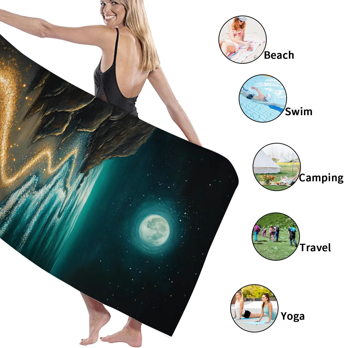 Mystical Moonlit Beach Towel Oasis Artwork Extra Large Night Sky Design, Quick Dry Absorbent Soft Touch Sand Free Lightweight Beach Blanket, Travel Picnic Essentials 62x31 Inch