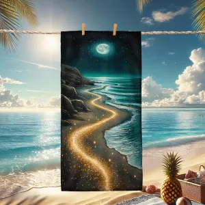 Mystical Moonlit Beach Towel Oasis Artwork Extra Large Night Sky Design, Quick Dry Absorbent Soft Touch Sand Free Lightweight Beach Blanket, Travel Picnic Essentials 62x31 Inch