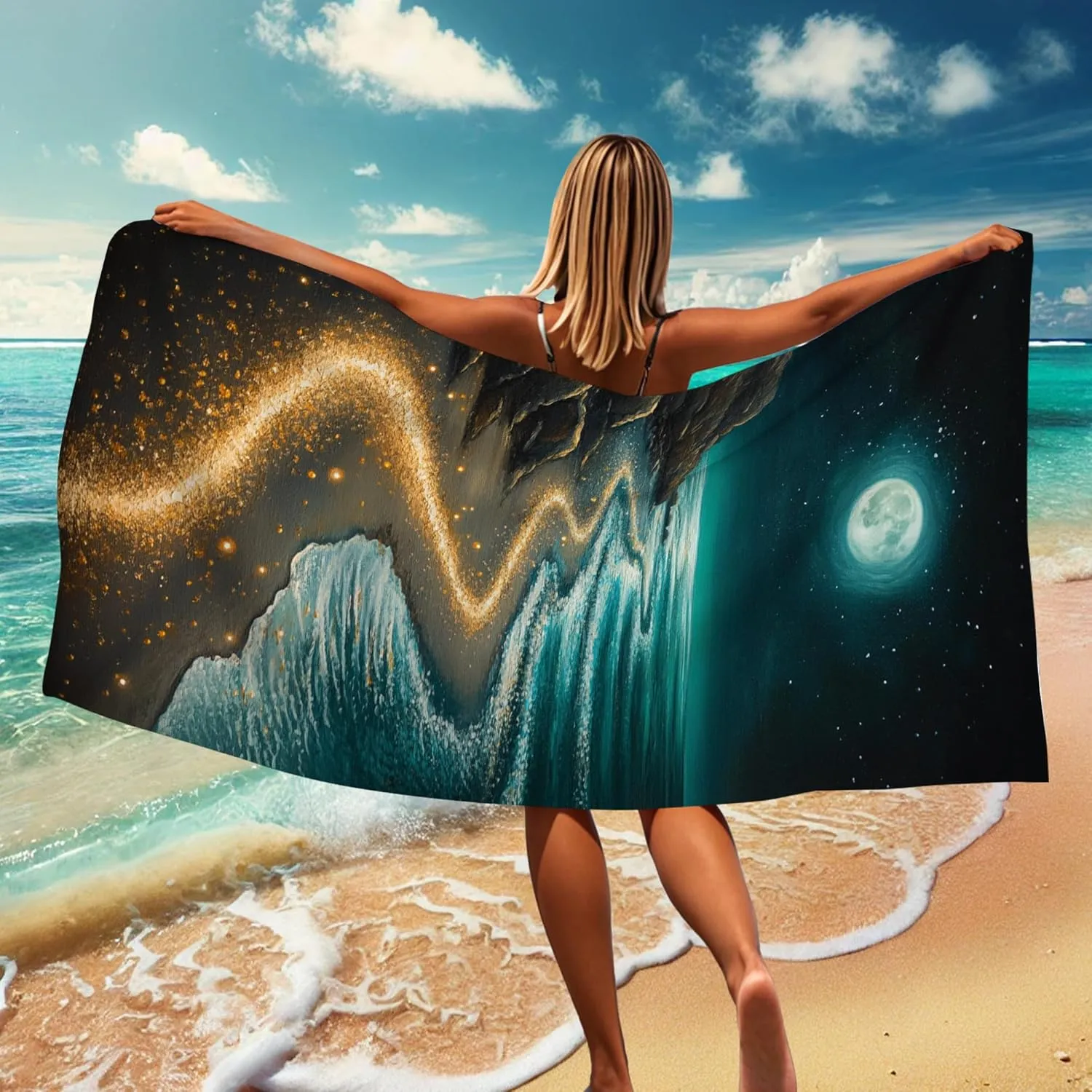 Mystical Moonlit Beach Towel Oasis Artwork Extra Large Night Sky Design, Quick Dry Absorbent Soft Touch Sand Free Lightweight Beach Blanket, Travel Picnic Essentials 62x31 Inch