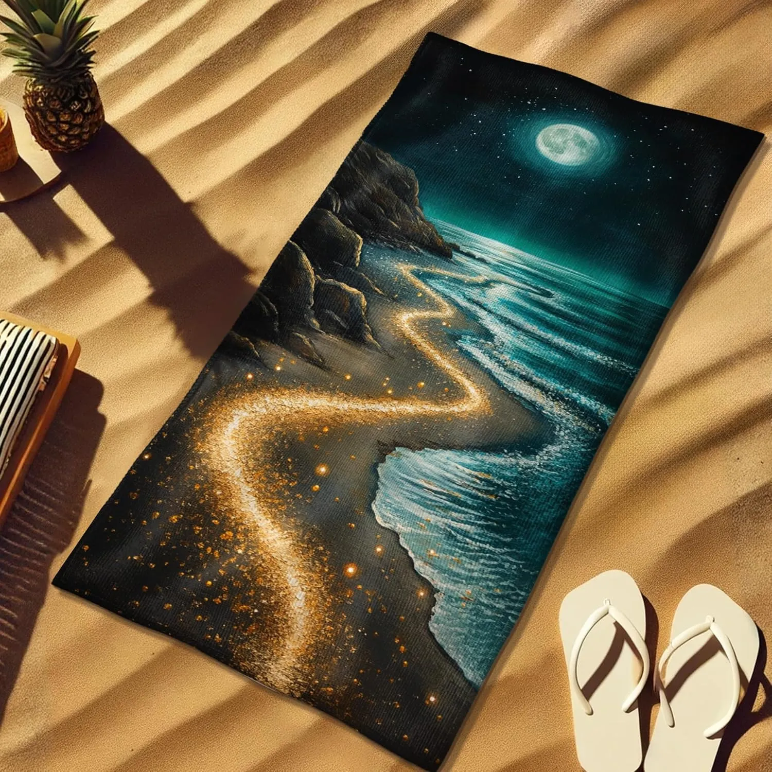 Mystical Moonlit Beach Towel Oasis Artwork Extra Large Night Sky Design, Quick Dry Absorbent Soft Touch Sand Free Lightweight Beach Blanket, Travel Picnic Essentials 62x31 Inch