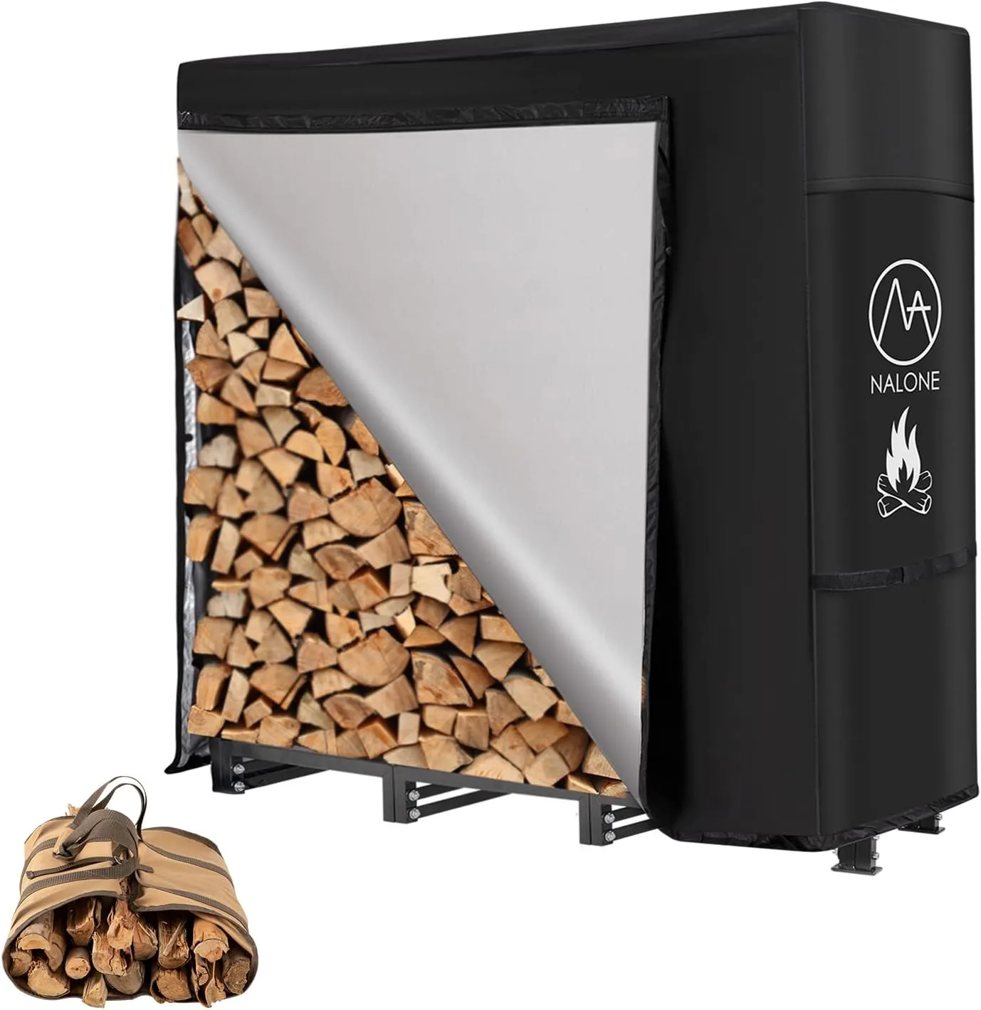 nalone 4FT Outdoor Firewood Rack with Cover&Carry Bag Heavy Duty Square Strong Stand Rack with Waterproof Cover for Fireplace Fire Pits Wood Pile Storage Holder Lumber Rack
