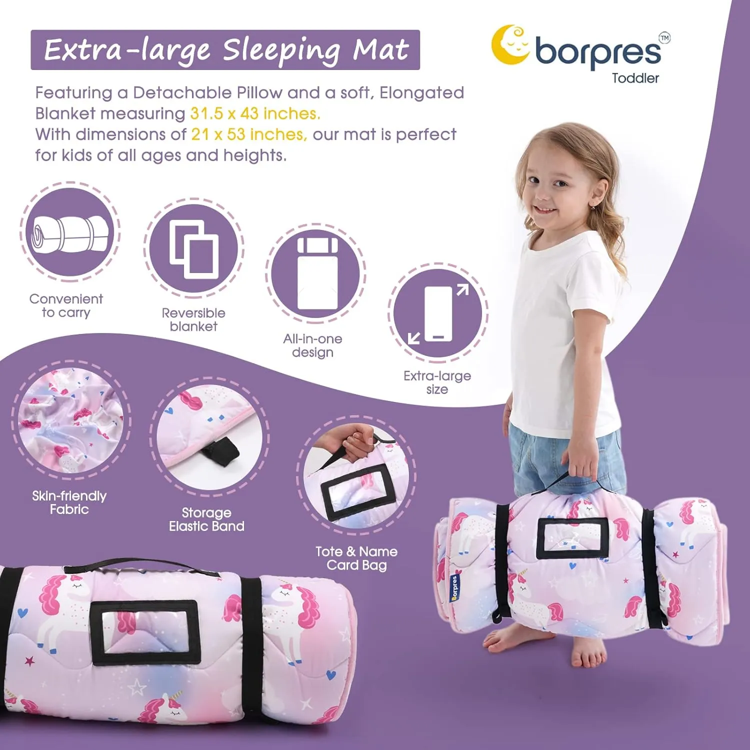 Nap Mat with Pillow Blanket Set: Sleeping Mats for Toddler Kids - Thick Large Roll up Slumber Bag for Daycare Preschool Kindergarten Boys Girls