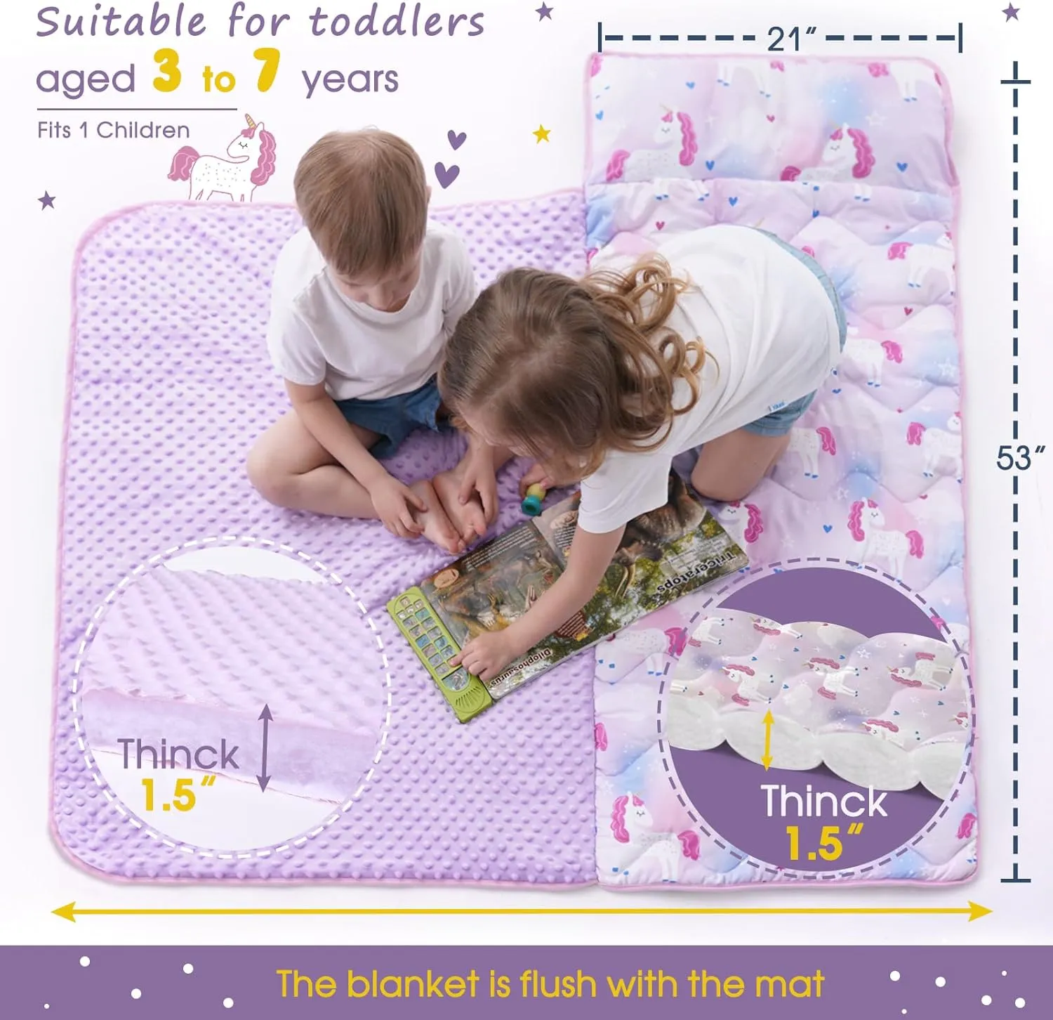 Nap Mat with Pillow Blanket Set: Sleeping Mats for Toddler Kids - Thick Large Roll up Slumber Bag for Daycare Preschool Kindergarten Boys Girls