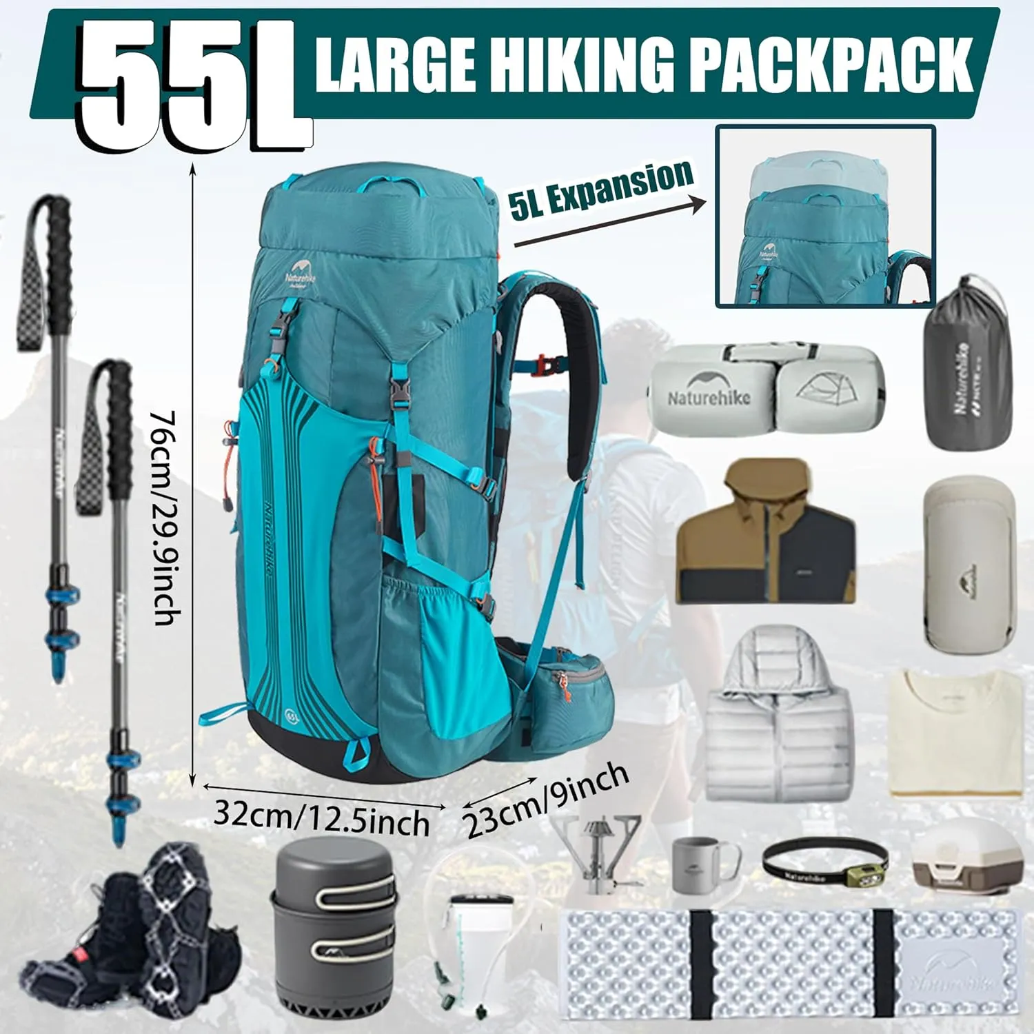 Naturehike 55L 5L Expanded Lightweight Hiking Backpacking Backpack with Rain Cover-CR Carrying System-Adjustable backrest (Blue)