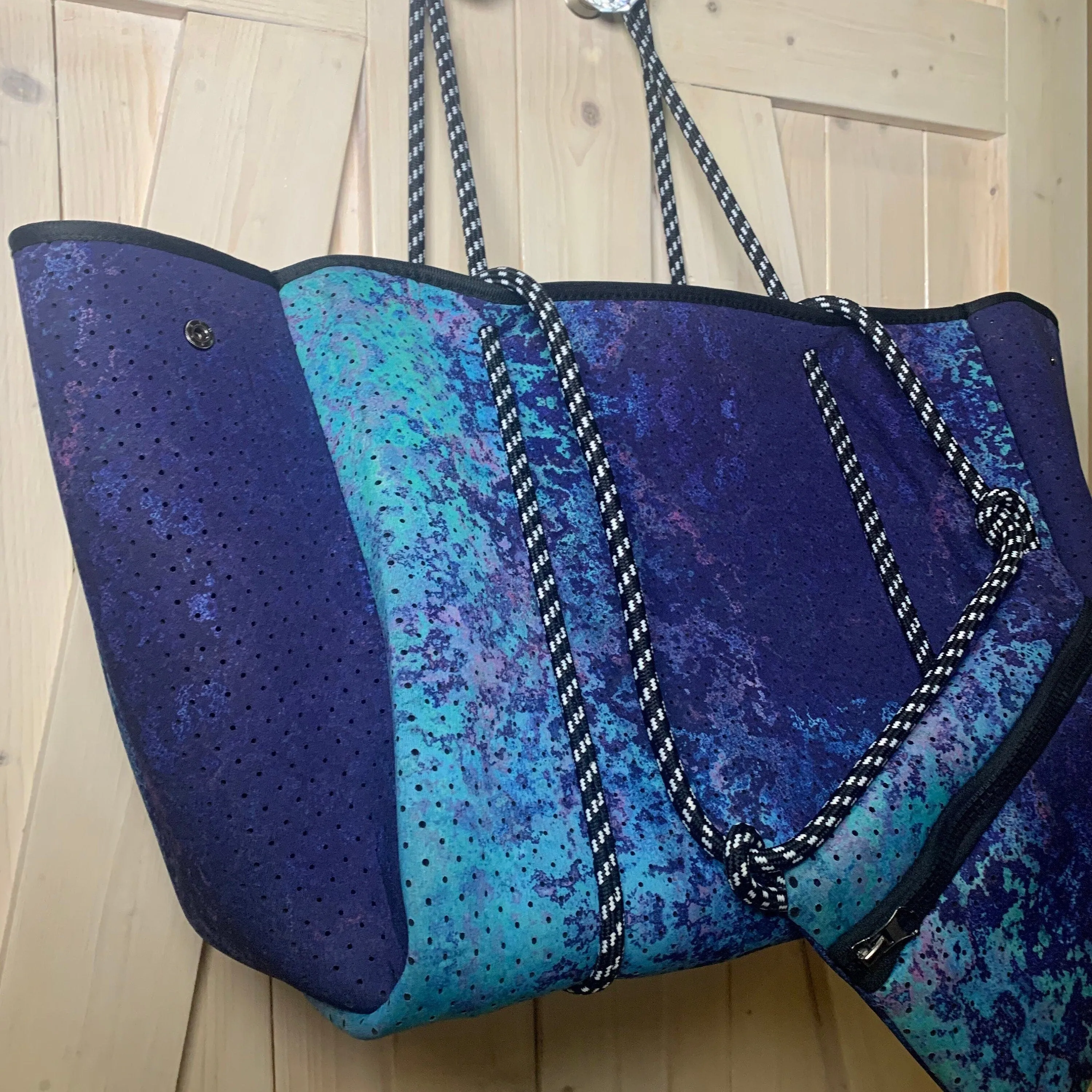 Neoprene TOTE - Amethyst Lagoon: violet purple blue bag  weathered aqua turquoise teal Beach Pool Lake Travel catch-all waterproof washable