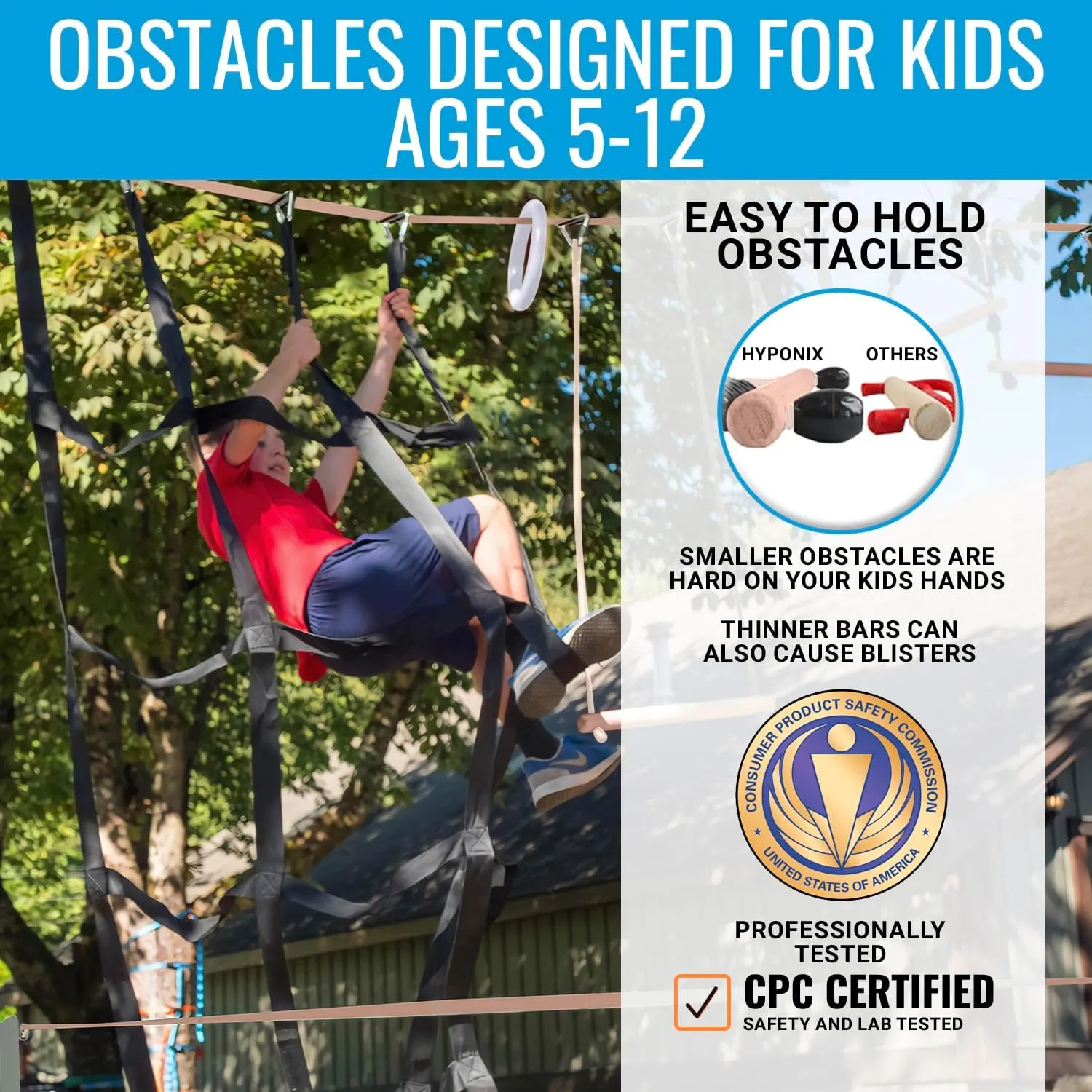 Ninja Warrior Obstacle Course for Kids, 2x50 ft Slackline, 10 Weatherproof Obstacles, Up to 880 lbs, Ages 5-12, Includes Ratchet-Tight Technology, Monkey Net, Climbing, Swinging, Outdoor Backyard Fun