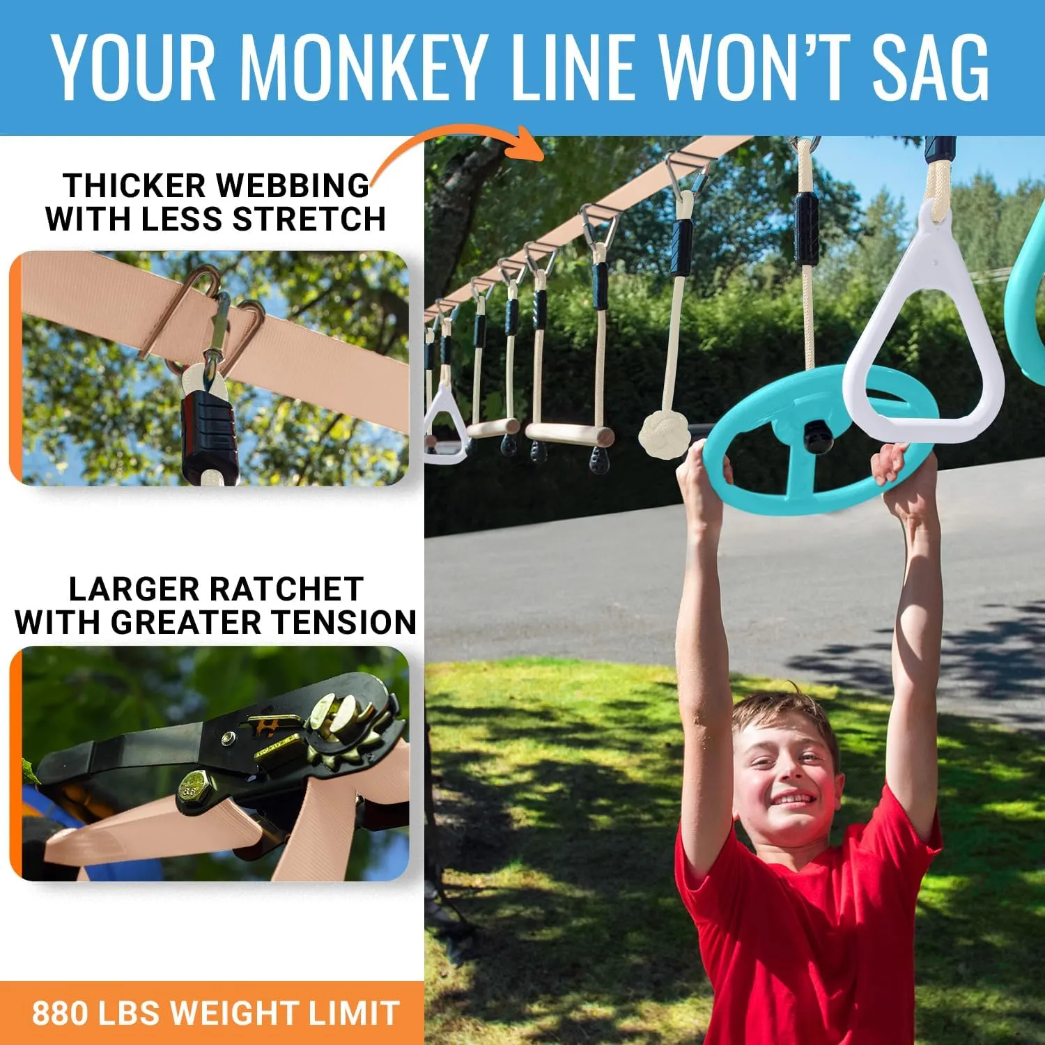 Ninja Warrior Obstacle Course for Kids, 2x50 ft Slackline, 10 Weatherproof Obstacles, Up to 880 lbs, Ages 5-12, Includes Ratchet-Tight Technology, Monkey Net, Climbing, Swinging, Outdoor Backyard Fun