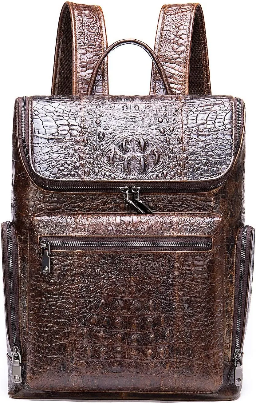 NIUCUNZH Premium Genuine Leather Laptop Backpack 14 Inch Large Capacity Daypack bag Travel Hiking Camping Crocodile Embossed Coffee