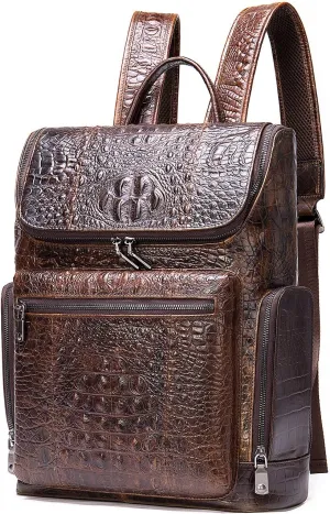 NIUCUNZH Premium Genuine Leather Laptop Backpack 14 Inch Large Capacity Daypack bag Travel Hiking Camping Crocodile Embossed Coffee