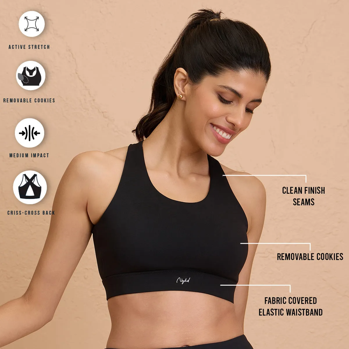 Nykd By Nykaa Ultimate Cross Back Sports Bra with Removable Cups NYK909 Black