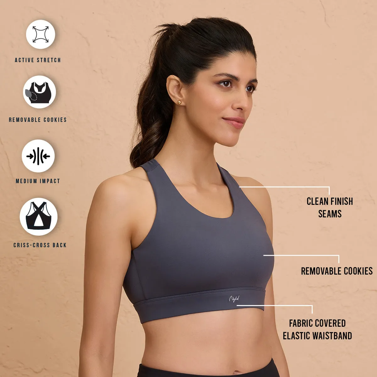 Nykd By Nykaa Ultimate Cross Back Sports Bra with Removable Cups NYK909 Grey