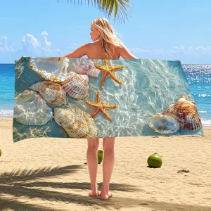Ocean Shells Microfiber Beach Towel Blue Coastal Shells Quick Dry Absorbent Sand Free Oversized Lightweight Beach Blanket, Vacation Picnic Essentials 62x31 Inch