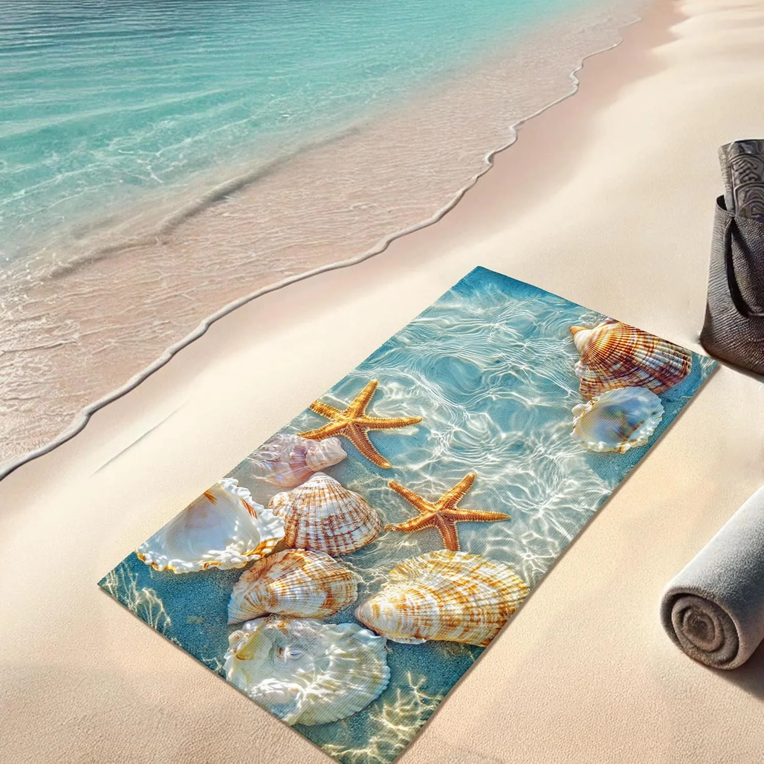 Ocean Shells Microfiber Beach Towel Blue Coastal Shells Quick Dry Absorbent Sand Free Oversized Lightweight Beach Blanket, Vacation Picnic Essentials 62x31 Inch