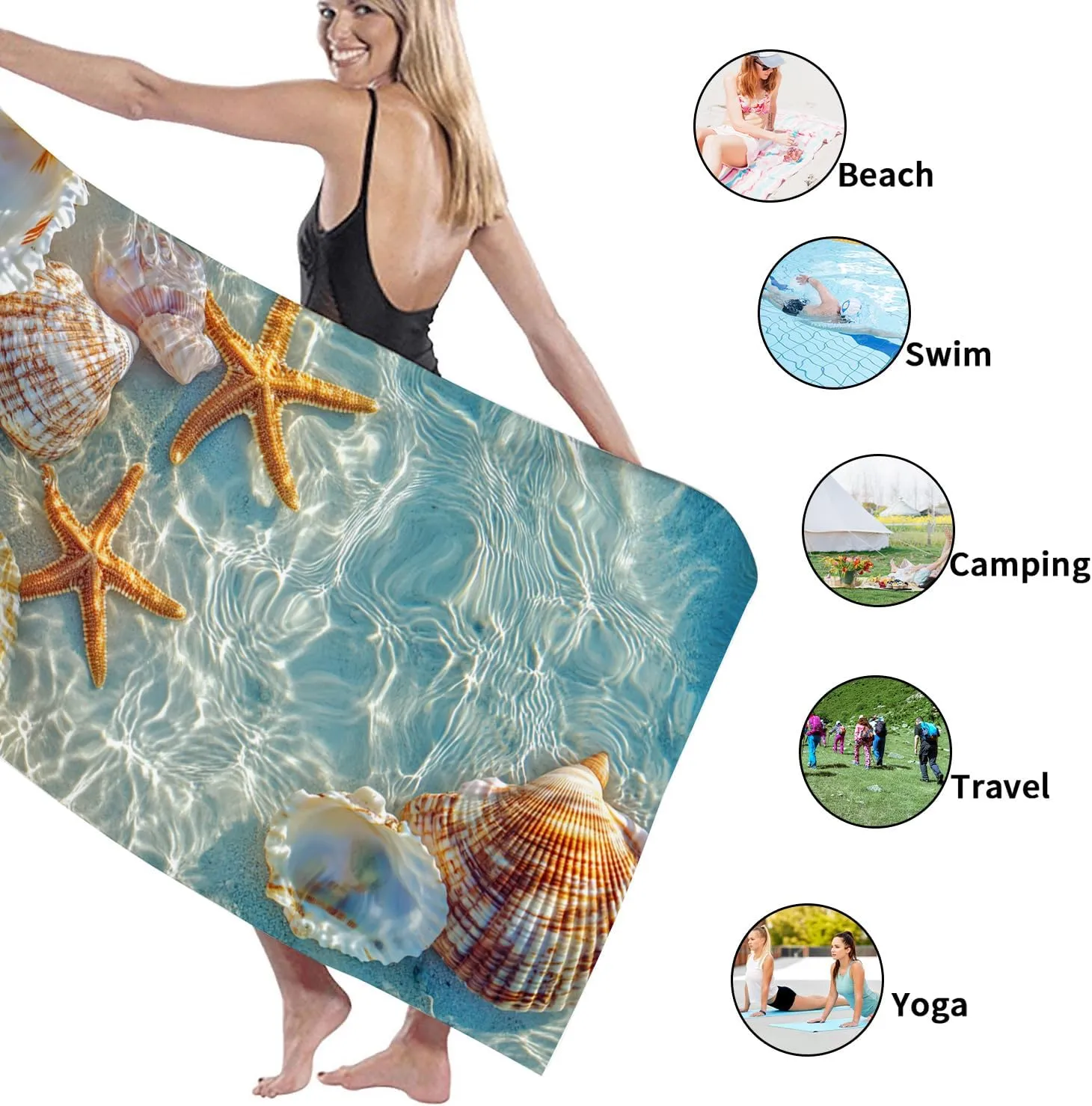 Ocean Shells Microfiber Beach Towel Blue Coastal Shells Quick Dry Absorbent Sand Free Oversized Lightweight Beach Blanket, Vacation Picnic Essentials 62x31 Inch