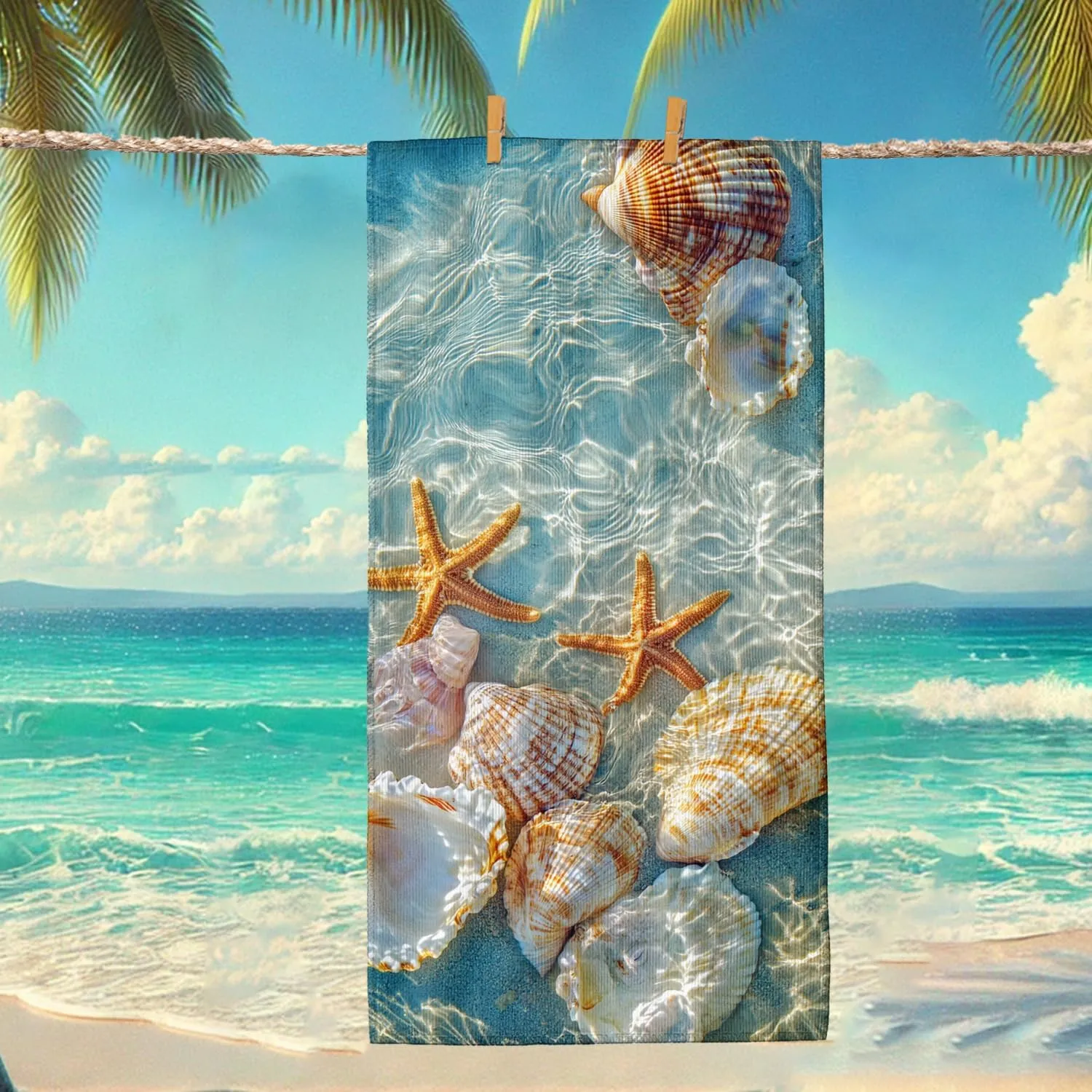 Ocean Shells Microfiber Beach Towel Blue Coastal Shells Quick Dry Absorbent Sand Free Oversized Lightweight Beach Blanket, Vacation Picnic Essentials 62x31 Inch